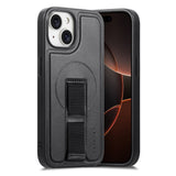 iPhone 15 Hård Plast Skal m. Konstläder Baksida & Fingerrem - MagSafe Kompatibel - Svart