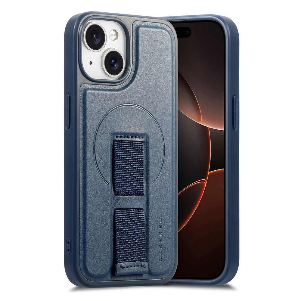 iPhone 15 Hård Plast Skal m. Konstläder Baksida & Fingerrem - MagSafe Kompatibel - Blå