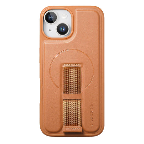 iPhone 14 / 13 Hård Plast Skal m. Konstläder Baksida & Fingerrem - MagSafe Kompatibel - Brun