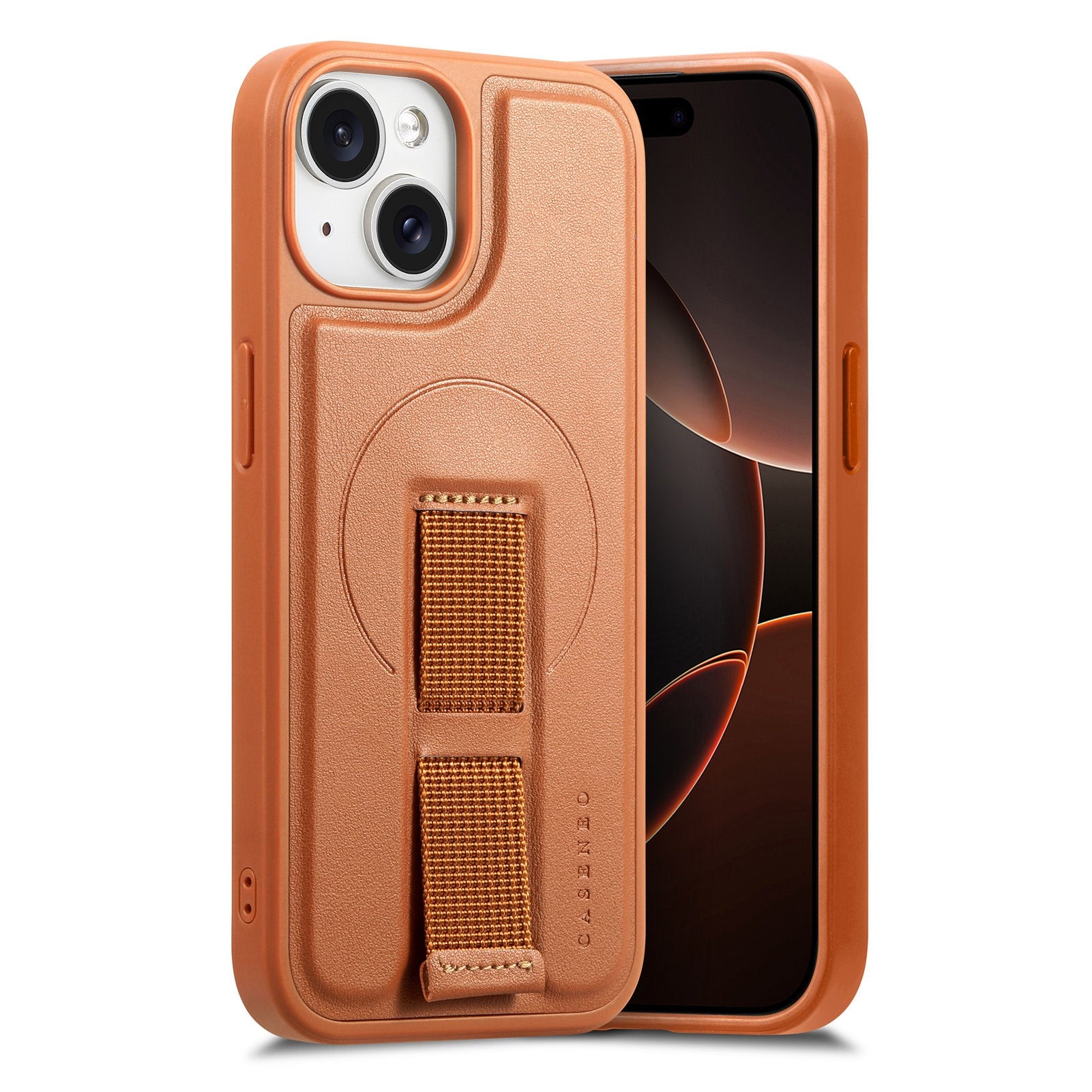 iPhone 14 / 13 Hård Plast Skal m. Konstläder Baksida & Fingerrem - MagSafe Kompatibel - Brun