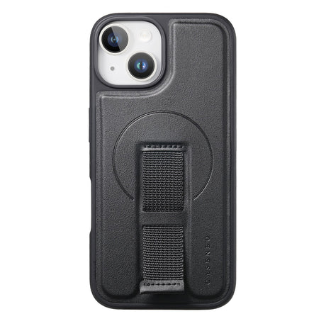 iPhone 14 / 13 Hård Plast Skal m. Konstläder Baksida & Fingerrem - MagSafe Kompatibel - Svart