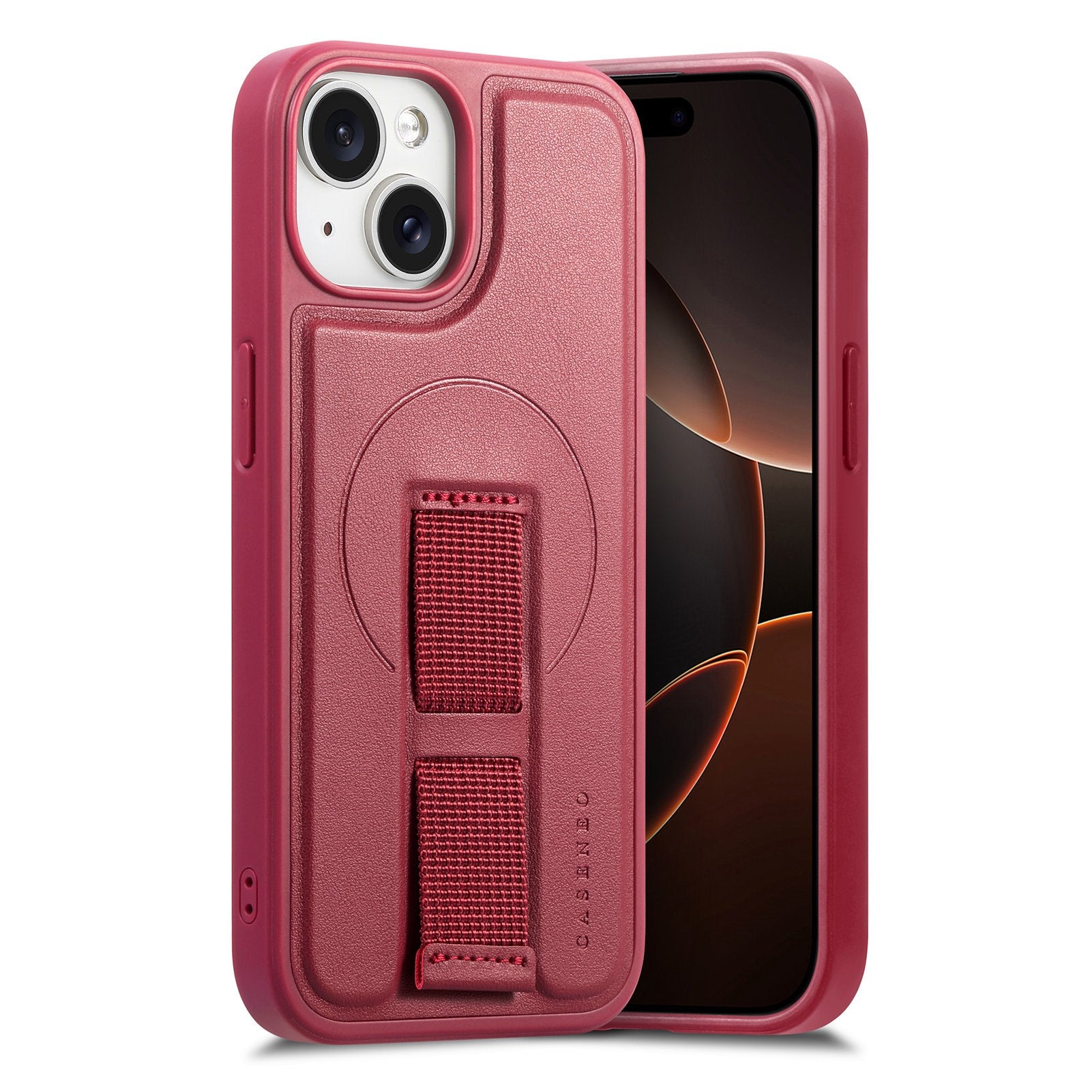 iPhone 14 / 13 Hård Plast Skal m. Konstläder Baksida & Fingerrem - MagSafe Kompatibel - Röd