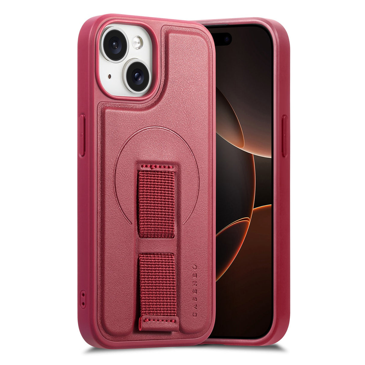 iPhone 14 / 13 Hård Plast Skal m. Konstläder Baksida & Fingerrem - MagSafe Kompatibel - Röd