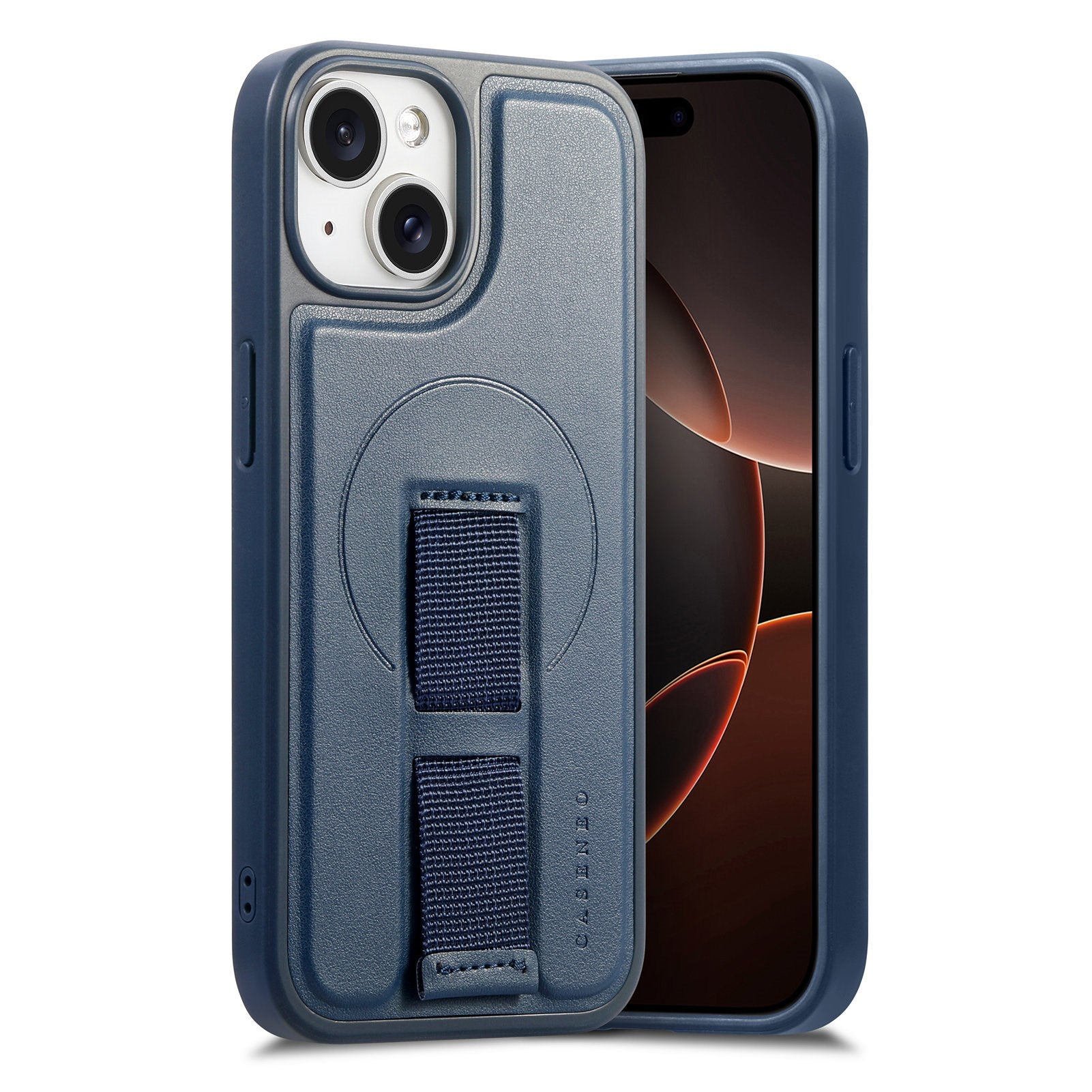 iPhone 14 / 13 Hård Plast Skal m. Konstläder Baksida & Fingerrem - MagSafe Kompatibel - Blå