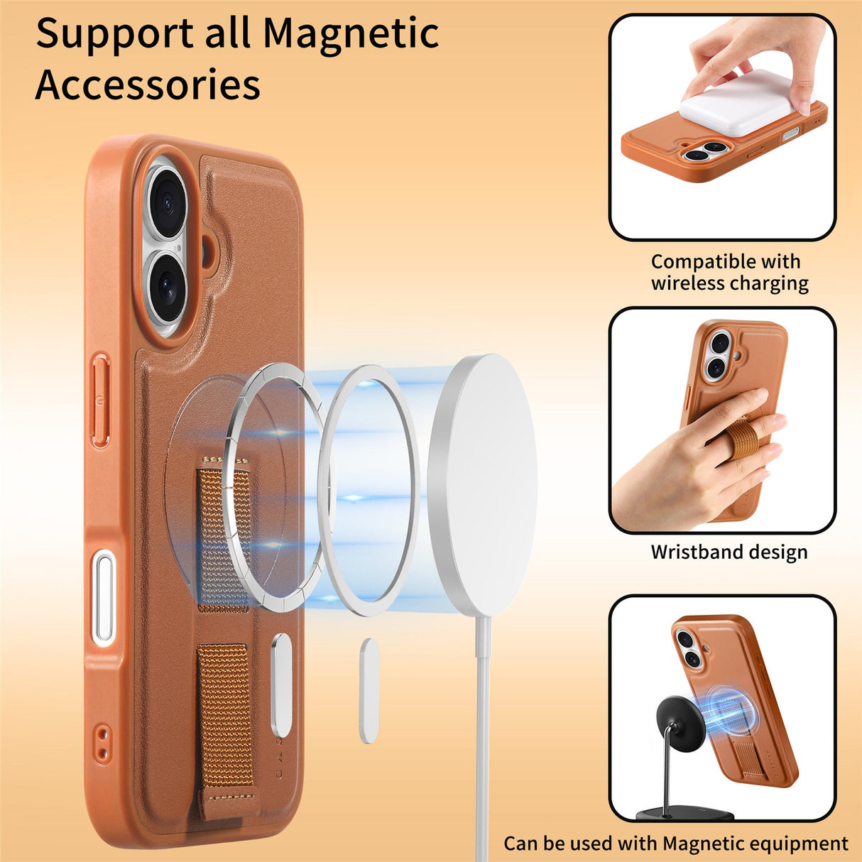 iPhone 16 Hård Plast Skal m. Konstläder Baksida & Fingerrem - MagSafe Kompatibel - Brun