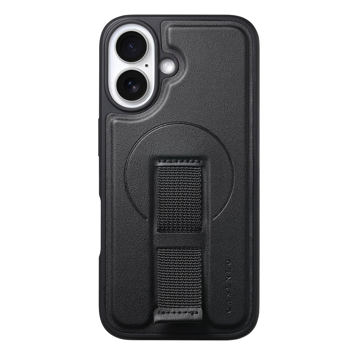 iPhone 16 Hård Plast Skal m. Konstläder Baksida & Fingerrem - MagSafe Kompatibel - Svart