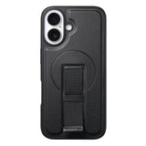 iPhone 16 Hård Plast Skal m. Konstläder Baksida & Fingerrem - MagSafe Kompatibel - Svart