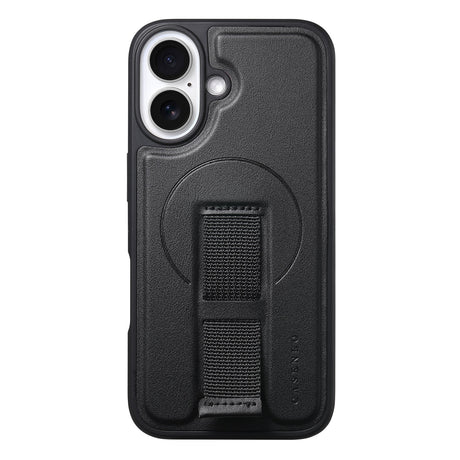 iPhone 16 Hård Plast Skal m. Konstläder Baksida & Fingerrem - MagSafe Kompatibel - Svart