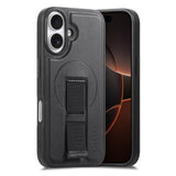 iPhone 16 Hård Plast Skal m. Konstläder Baksida & Fingerrem - MagSafe Kompatibel - Svart