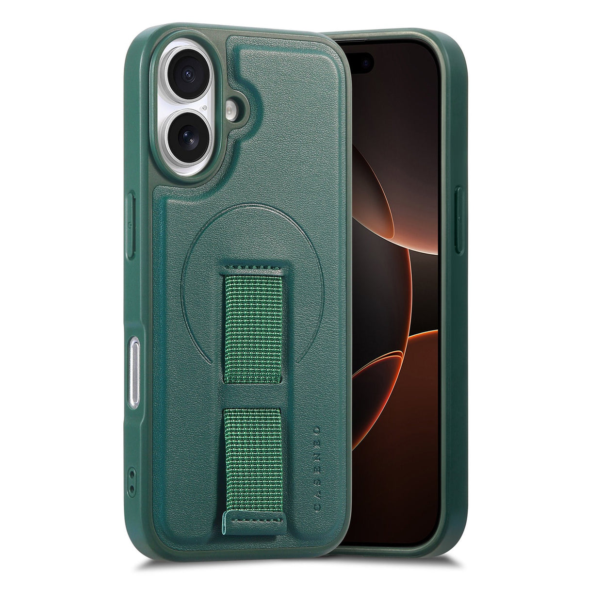 iPhone 16 Hård Plast Skal m. Konstläder Baksida & Fingerrem - MagSafe Kompatibel - Grön