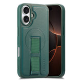 iPhone 16 Hård Plast Skal m. Konstläder Baksida & Fingerrem - MagSafe Kompatibel - Grön