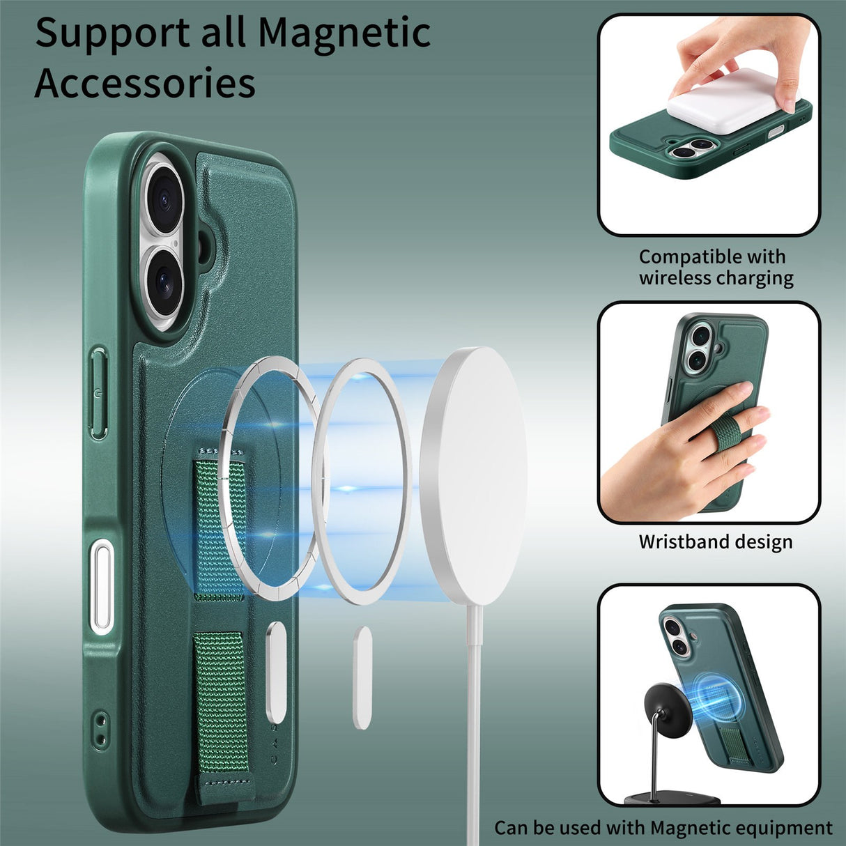 iPhone 16 Hård Plast Skal m. Konstläder Baksida & Fingerrem - MagSafe Kompatibel - Grön