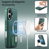 iPhone 16 Hård Plast Skal m. Konstläder Baksida & Fingerrem - MagSafe Kompatibel - Grön