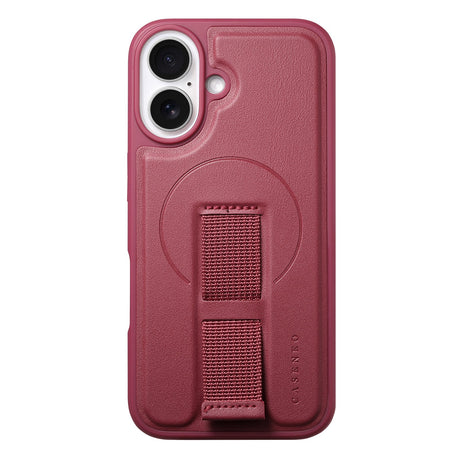iPhone 16 Hård Plast Skal m. Konstläder Baksida & Fingerrem - MagSafe Kompatibel - Röd