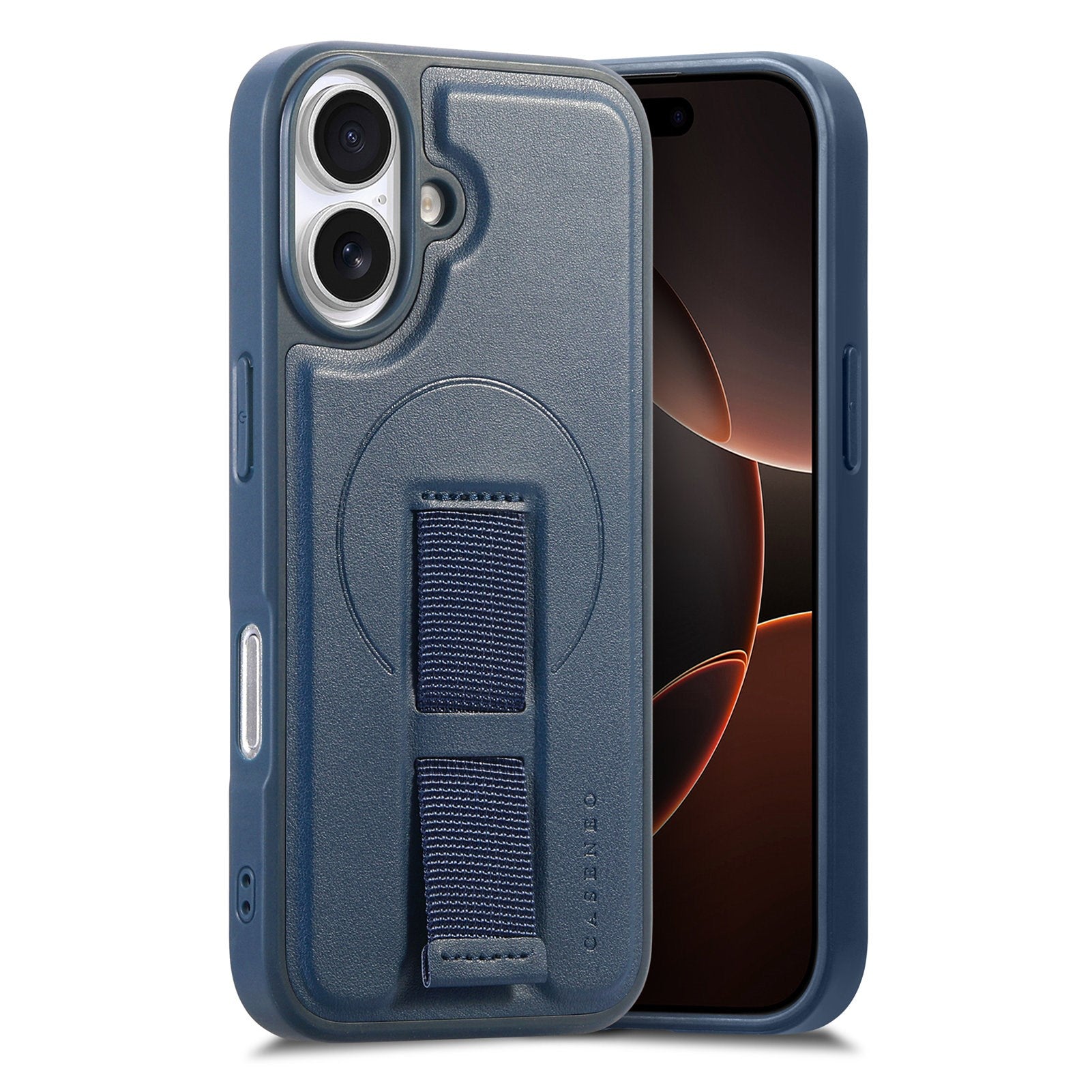 iPhone 16 Hård Plast Skal m. Konstläder Baksida & Fingerrem - MagSafe Kompatibel - Blå