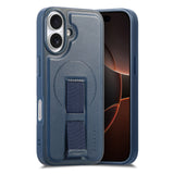 iPhone 16 Hård Plast Skal m. Konstläder Baksida & Fingerrem - MagSafe Kompatibel - Blå