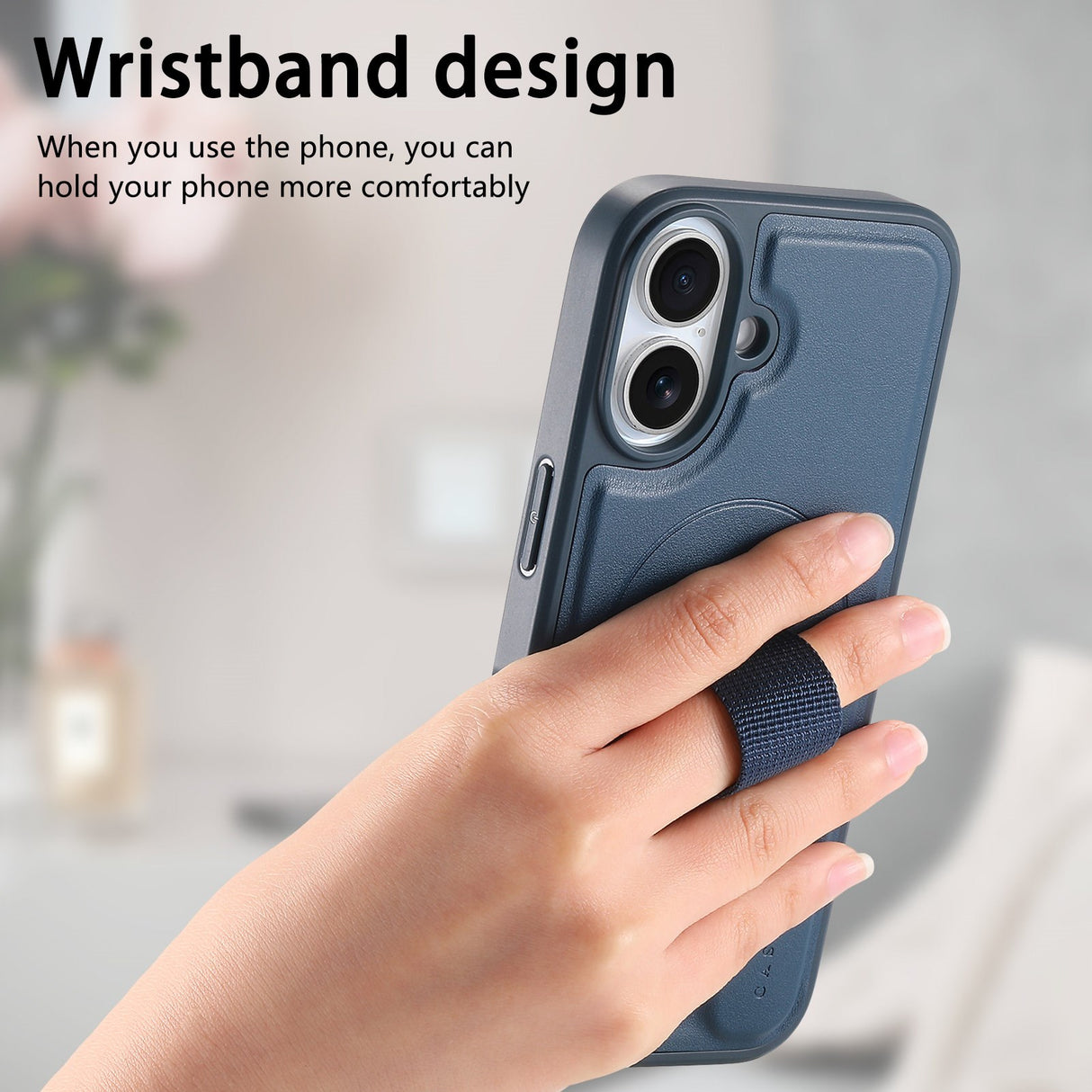 iPhone 16 Hård Plast Skal m. Konstläder Baksida & Fingerrem - MagSafe Kompatibel - Blå