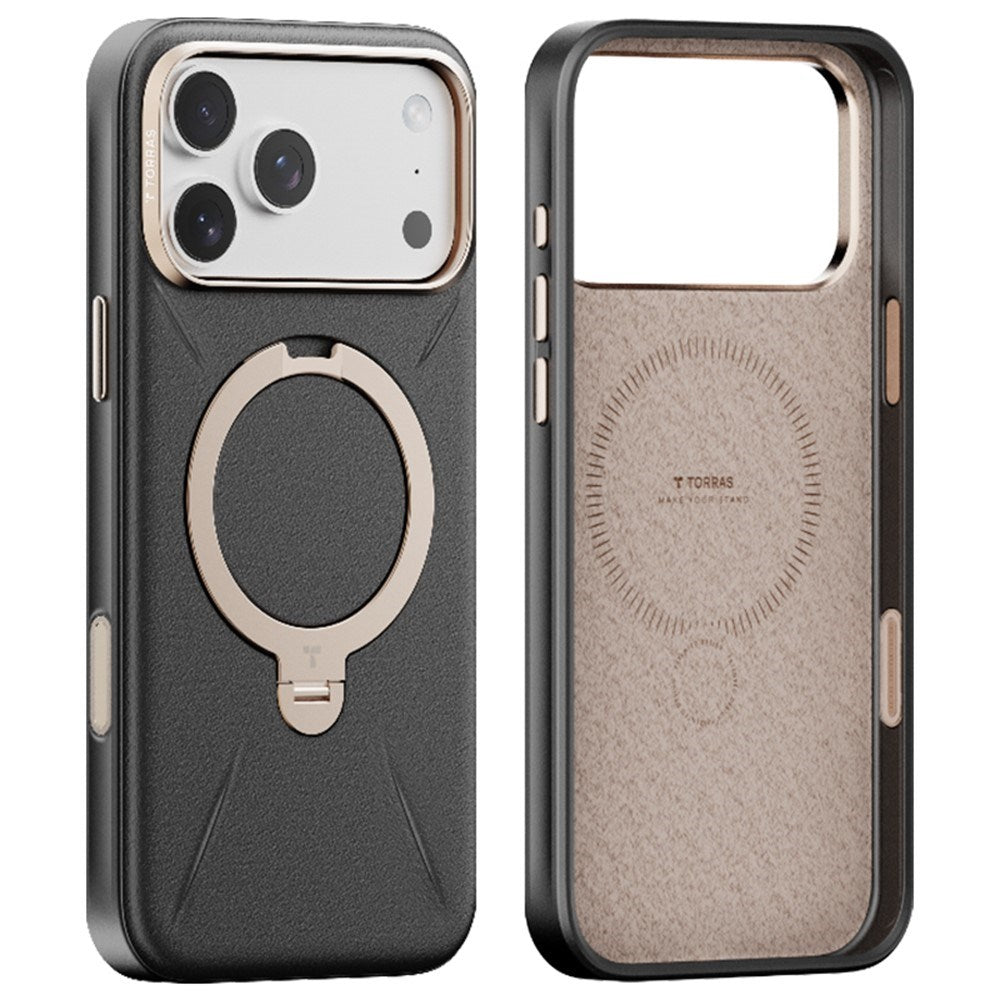 TORRAS iPhone 17 Pro Max Ostand Spin Konstläder Skal m. Roterande Kickstand - MagSafe Kompatibel - Svart