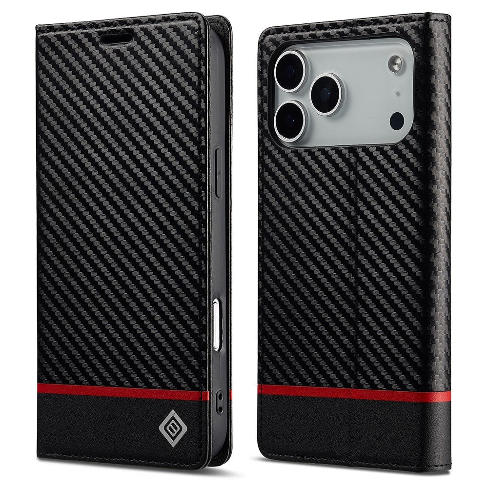 iPhone 18 Pro / 17 Pro LC.IMEEKE Konstläder Fodral med Kolfiber - Svart / Röd Horisontell Stripe