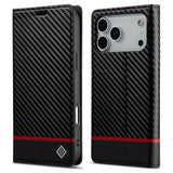 iPhone 18 Pro / 17 Pro LC.IMEEKE Konstläder Fodral med Kolfiber - Svart / Röd Horisontell Stripe