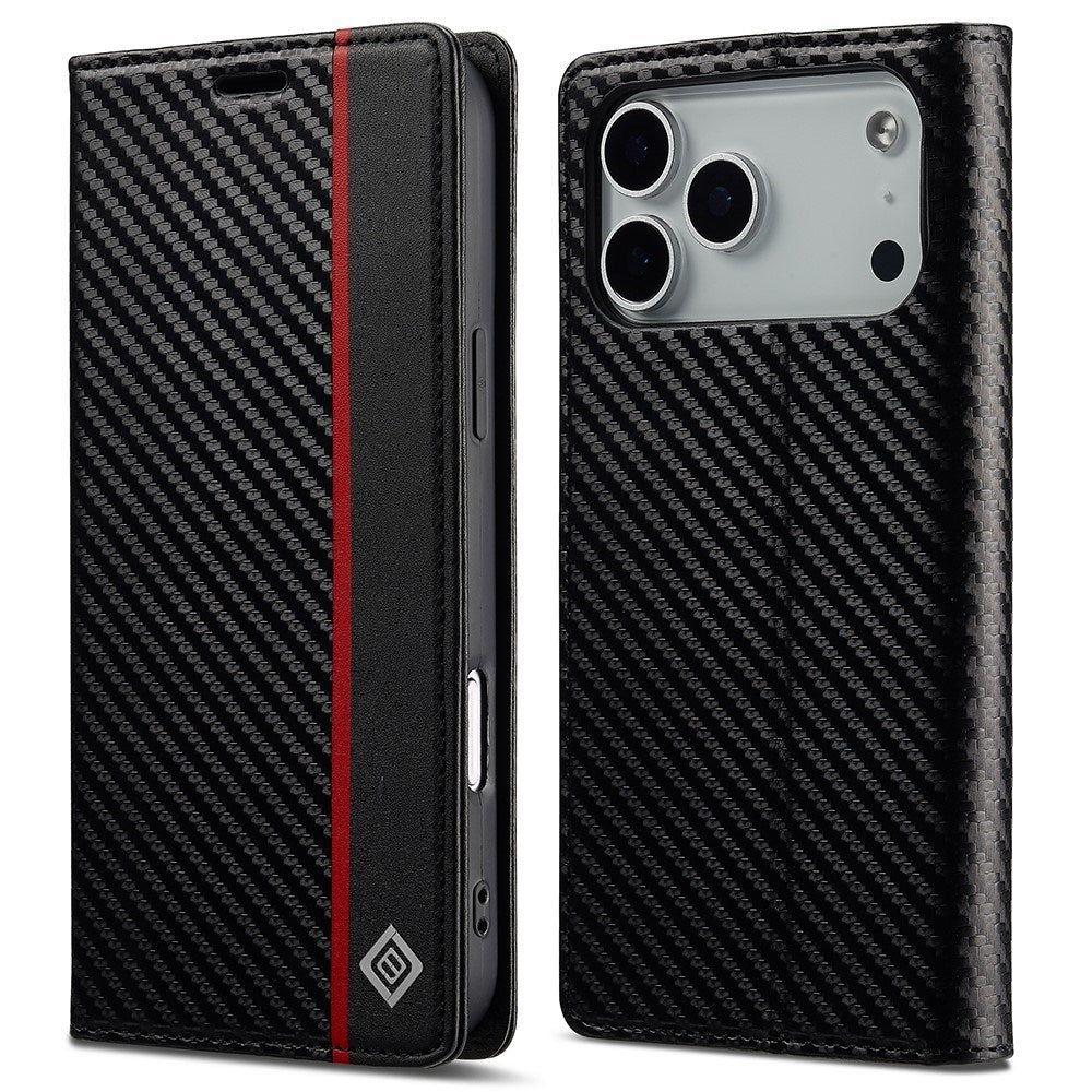 iPhone 18 Pro / 17 Pro LC.IMEEKE Konstläder Fodral med Kolfiber - Svart / Röd Vertikal Stripe