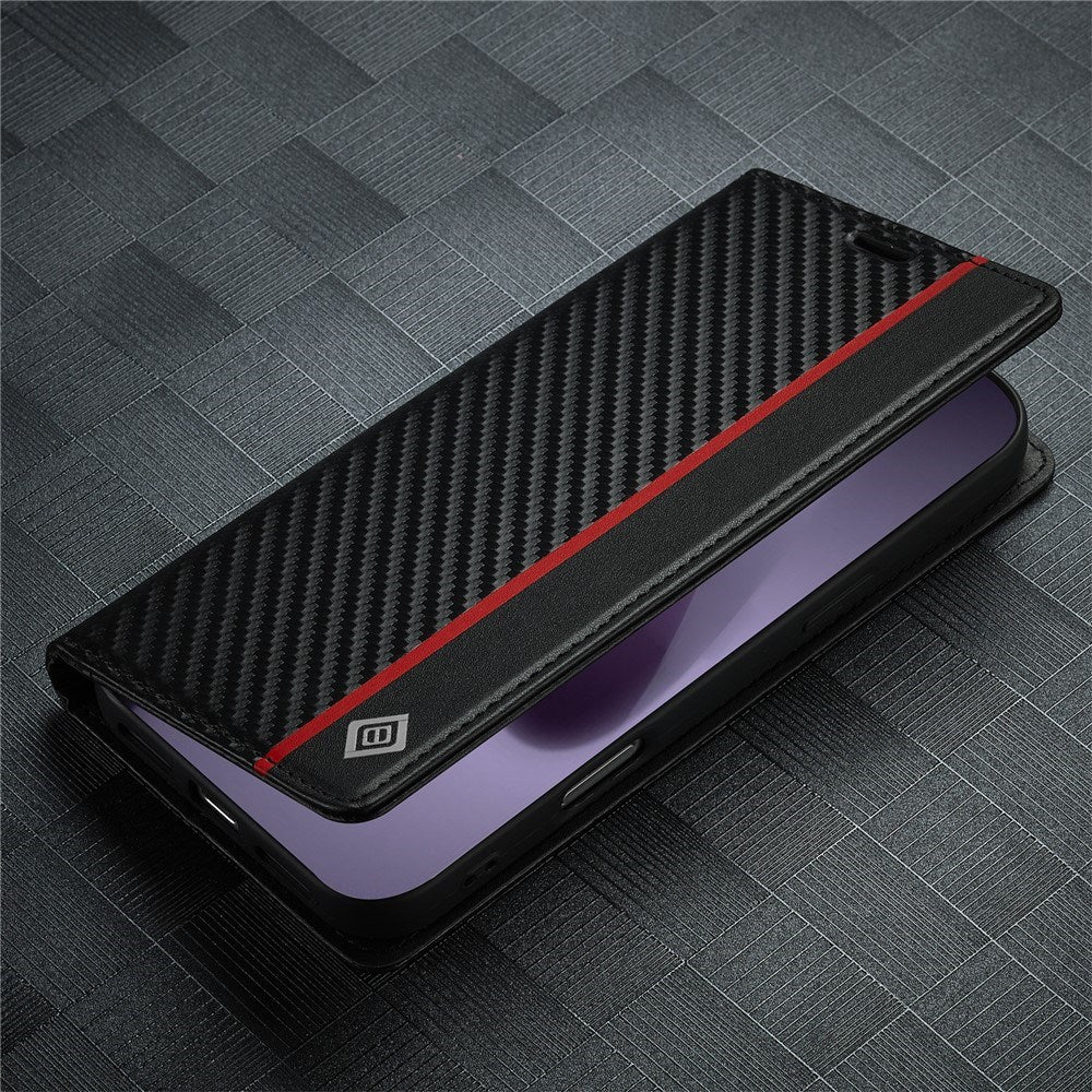 iPhone 18 Pro / 17 Pro LC.IMEEKE Konstläder Fodral med Kolfiber - Svart / Röd Vertikal Stripe