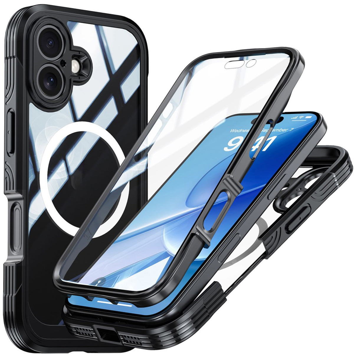 iPhone 17 Hybrid Plast Skal m. Inbyggt Skärmskydd - MagSafe Kompatibel - Transparent / Svart