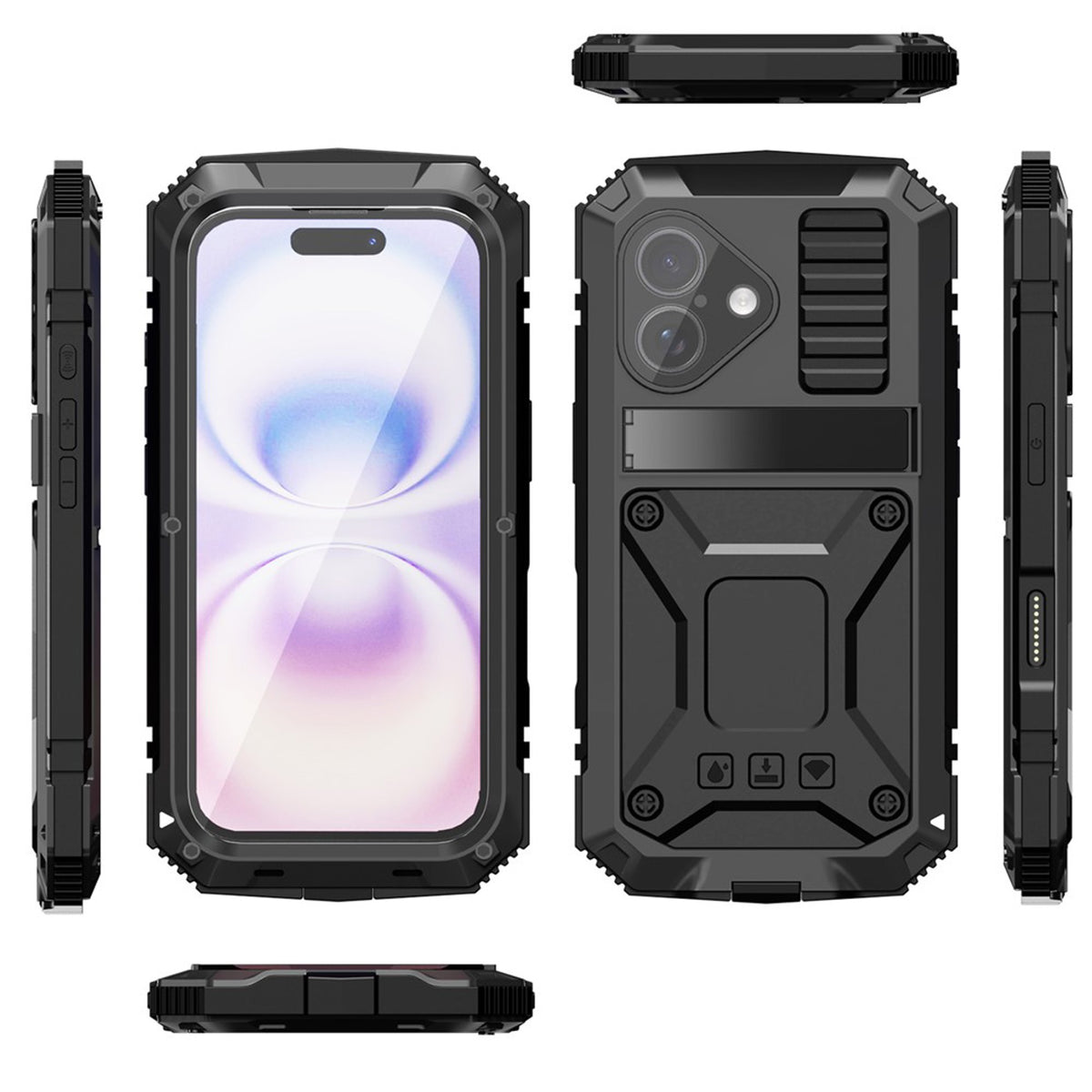 iPhone 17 R-JUST Hybrid Robust Skal m. Inbyggt Skärmskydd & Kickstand - Svart