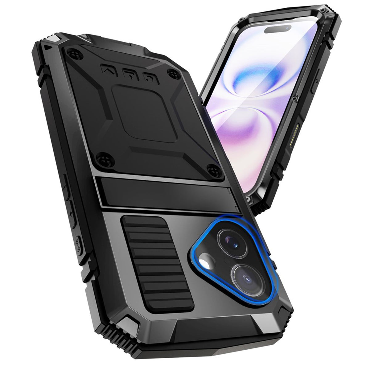 iPhone 17 R-JUST Hybrid Robust Skal m. Inbyggt Skärmskydd & Kickstand - Svart