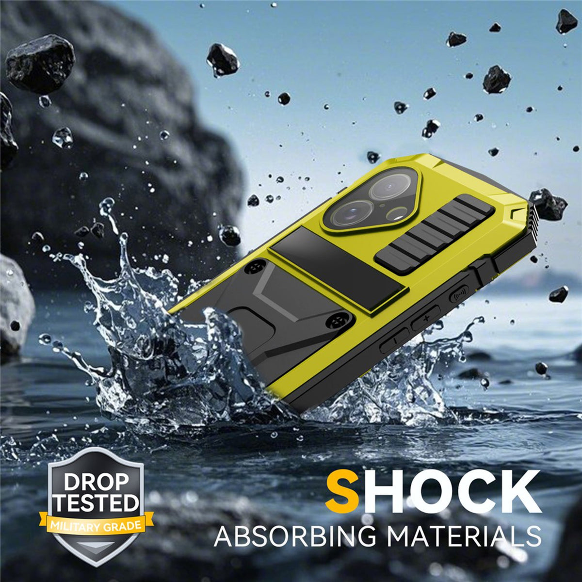 iPhone 17 R-JUST Hybrid Robust Skal m. Inbyggt Skärmskydd & Kickstand - Gul