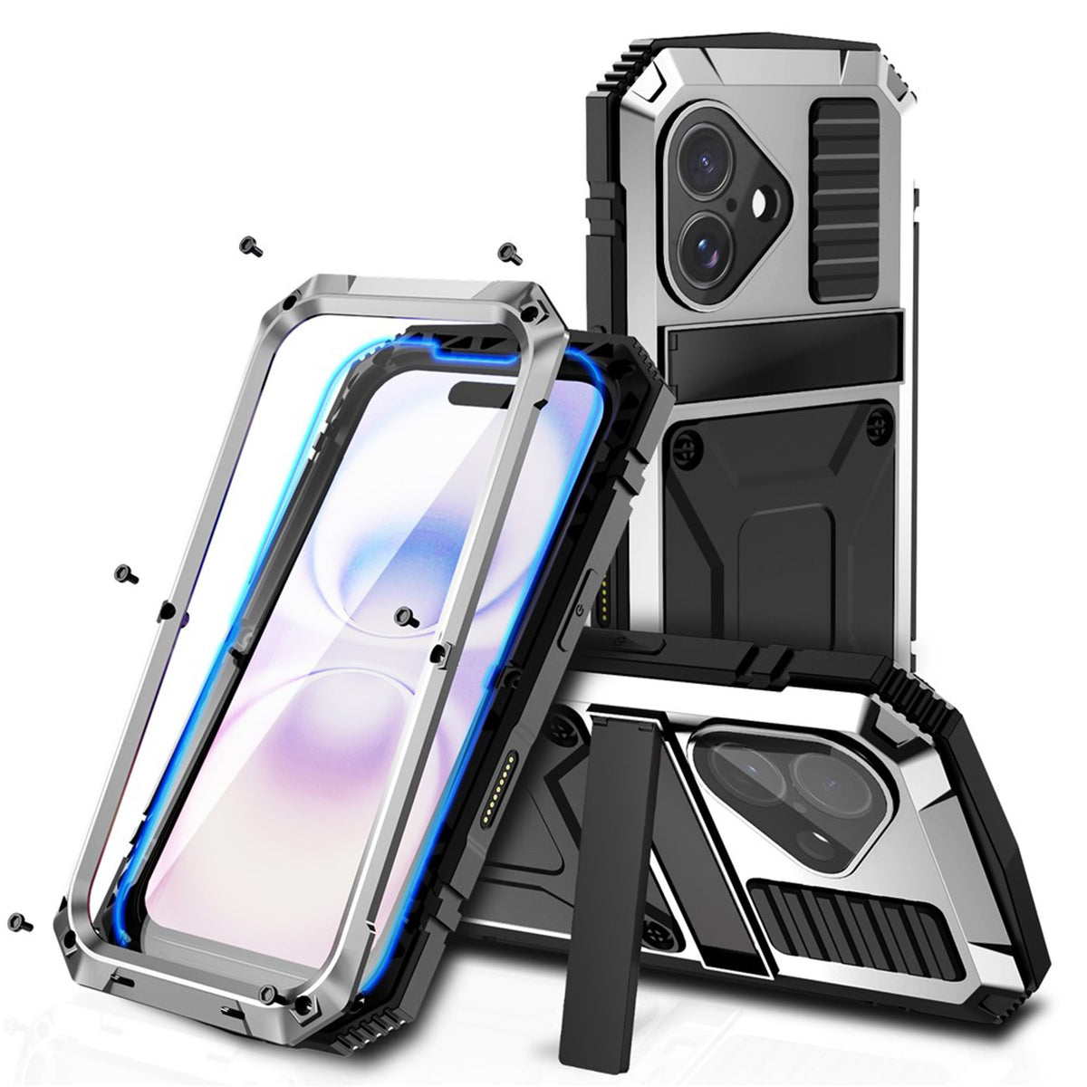 iPhone 17 R-JUST Hybrid Robust Skal m. Inbyggt Skärmskydd & Kickstand - Silver
