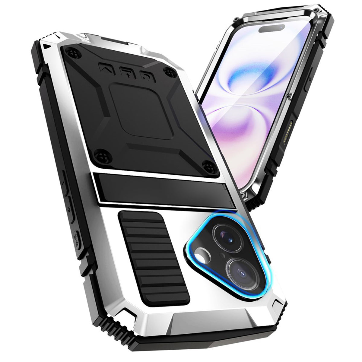iPhone 17 R-JUST Hybrid Robust Skal m. Inbyggt Skärmskydd & Kickstand - Silver