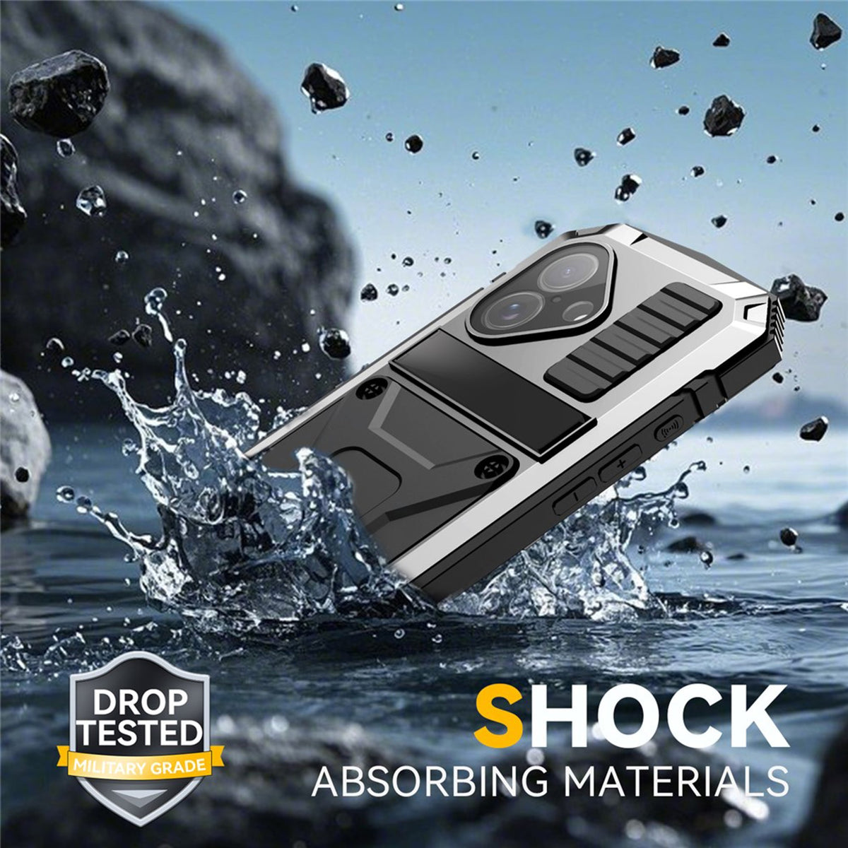 iPhone 17 R-JUST Hybrid Robust Skal m. Inbyggt Skärmskydd & Kickstand - Silver
