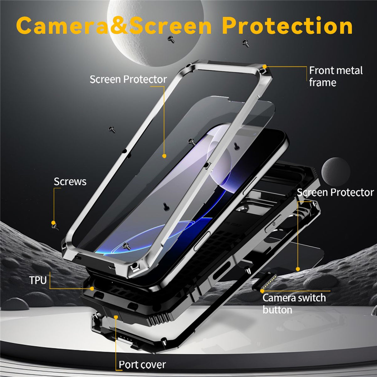 iPhone 18 Pro / 17 Pro R-JUST Hybrid Robust Skal m. Inbyggt Skärmskydd & Kickstand - Silver