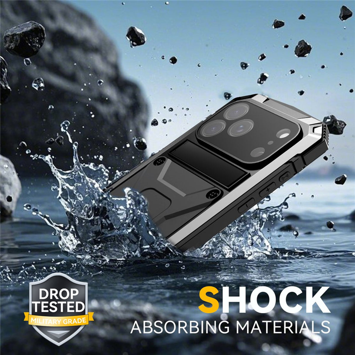 iPhone 18 Pro / 17 Pro R-JUST Hybrid Robust Skal m. Inbyggt Skärmskydd & Kickstand - Silver