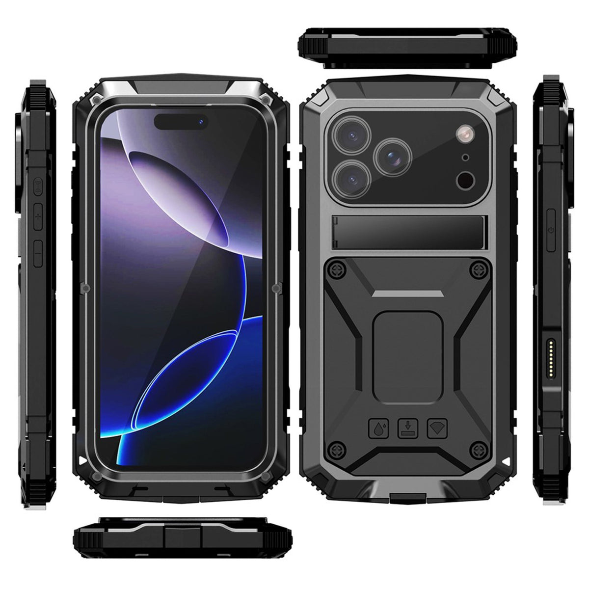 iPhone 18 Pro Max / 17 Pro Max R-JUST Hybrid Robust Skal m. Inbyggt Skärmskydd & Kickstand - Svart