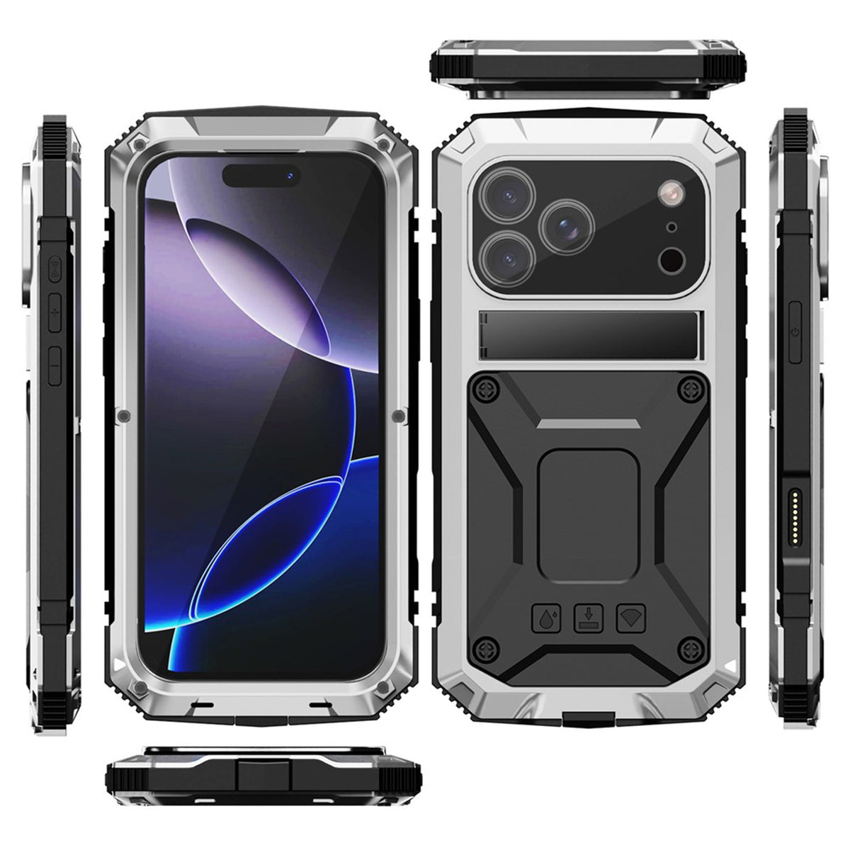 iPhone 18 Pro Max / 17 Pro Max R-JUST Hybrid Robust Skal m. Inbyggt Skärmskydd & Kickstand - Silver