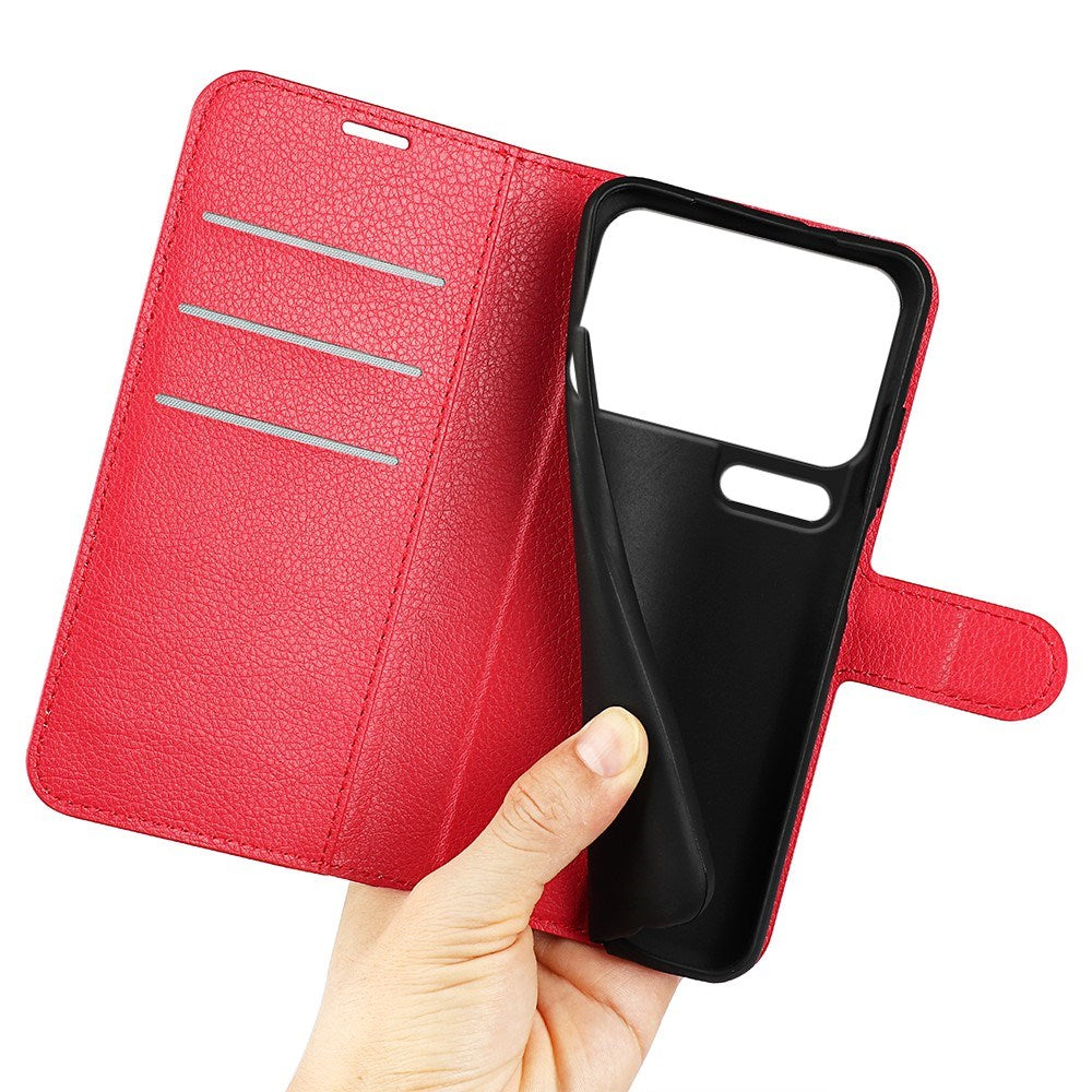 Xiaomi 17 Pro AMORUS Litchi Textur Konstläder Flip Fodral m. Kortficka - Röd