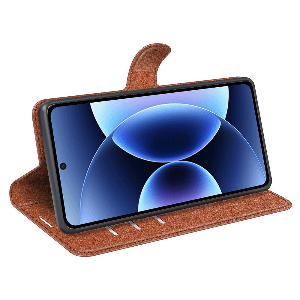 Xiaomi 17 Pro AMORUS Litchi Textur Konstläder Flip Fodral m. Kortficka - Brun