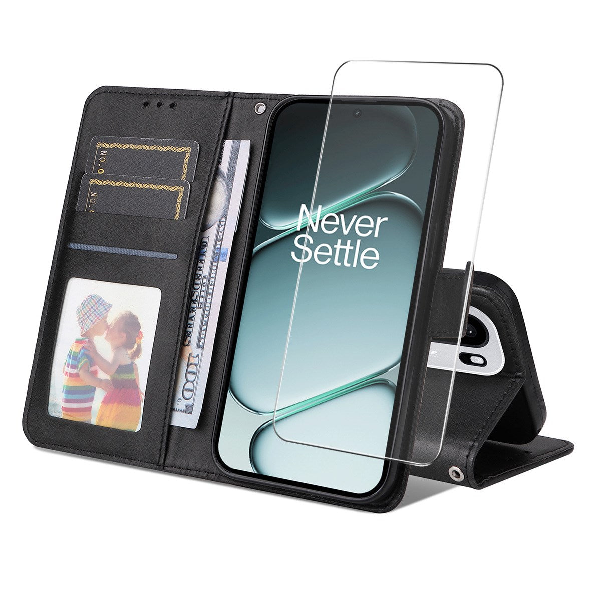 OnePlus 15R ENKAY 2-i-1 Konstläder Fodral m. Skärmskyddsglas - Svart
