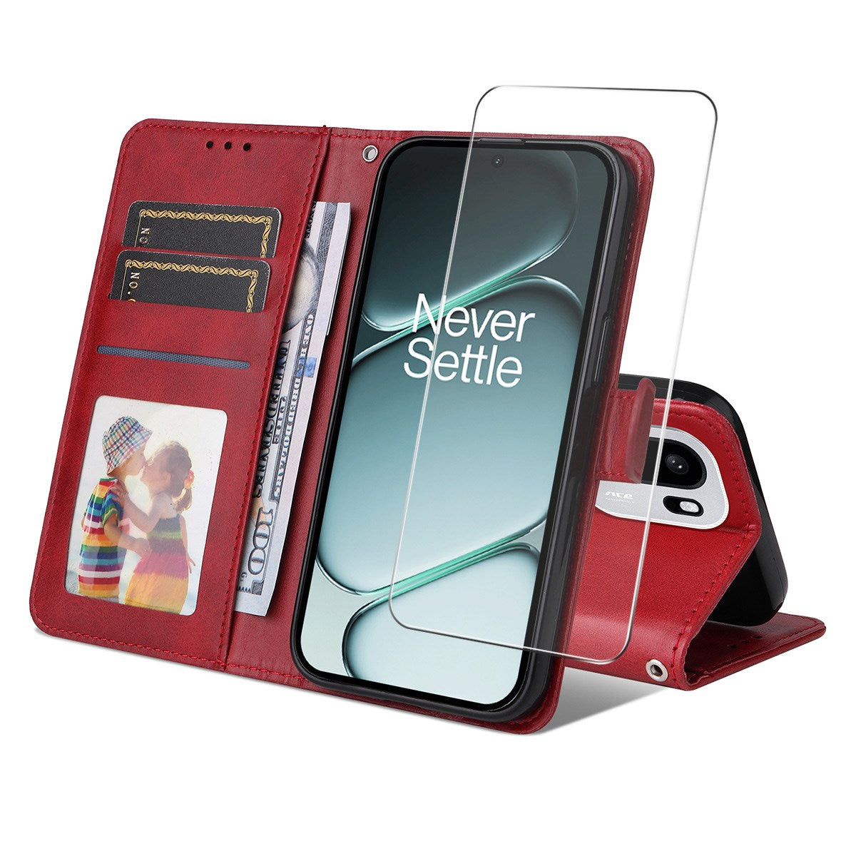 OnePlus 15R ENKAY 2-i-1 Konstläder Fodral m. Skärmskyddsglas - Röd