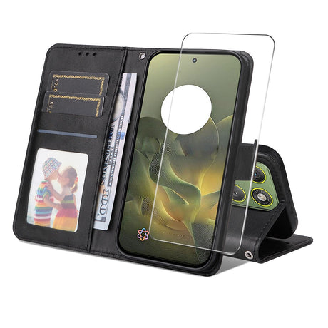Motorola Edge 70 EIDERWOOD Konstläder Fodral med Skärmskyddsglas & Korthållare - Svart