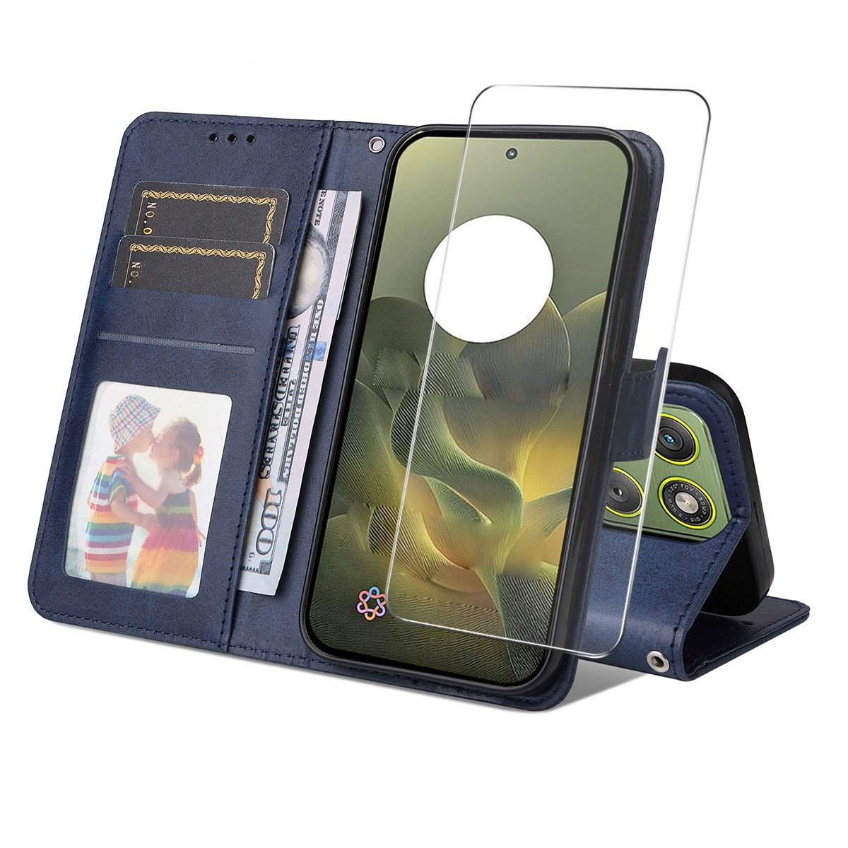 Motorola Edge 70 EIDERWOOD Konstläder Fodral med Skärmskyddsglas & Korthållare - Blå