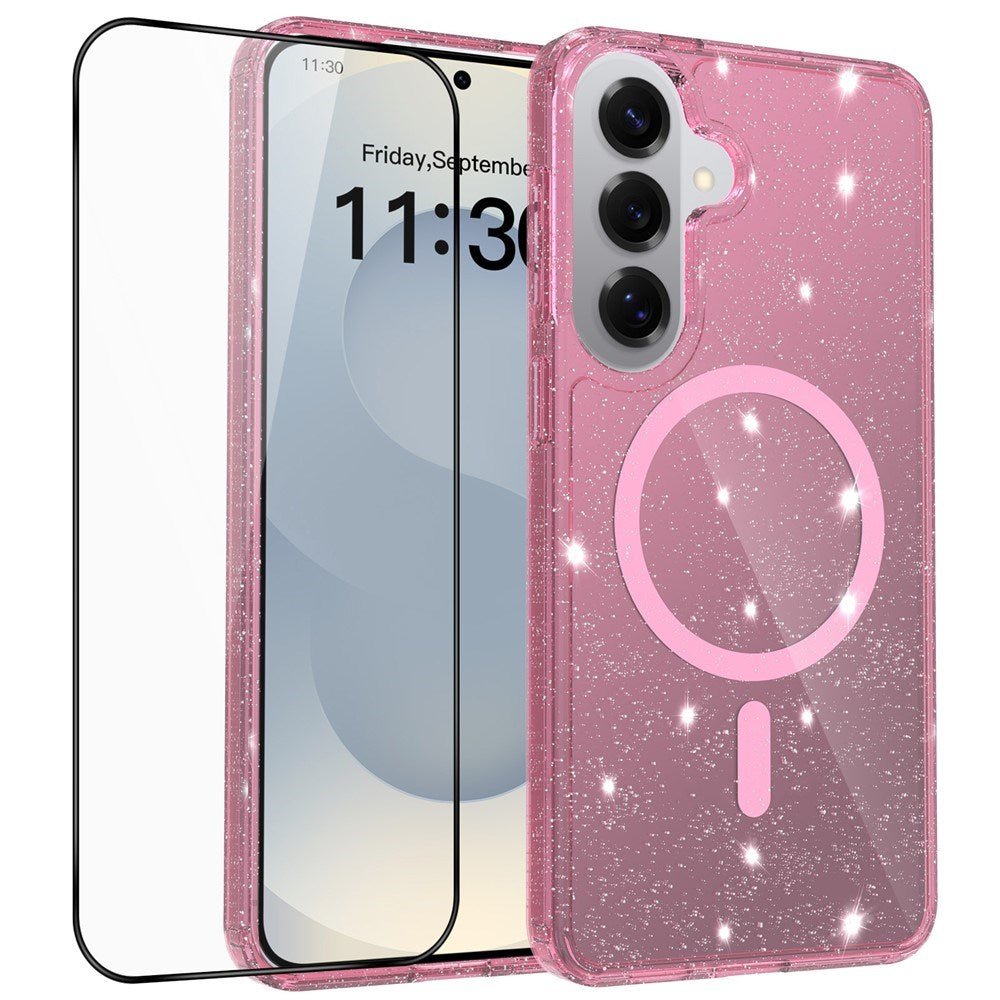 Samsung Galaxy S26+ (Plus) EIDERWOOD Magnetiskt Plast Glitter Skal m. Skärmskyddsglas – MagSafe Kompatibel – Genomskinlig / Rosa