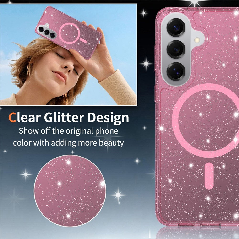 Samsung Galaxy S26+ (Plus) EIDERWOOD Magnetiskt Plast Glitter Skal m. Skärmskyddsglas – MagSafe Kompatibel – Genomskinlig / Rosa