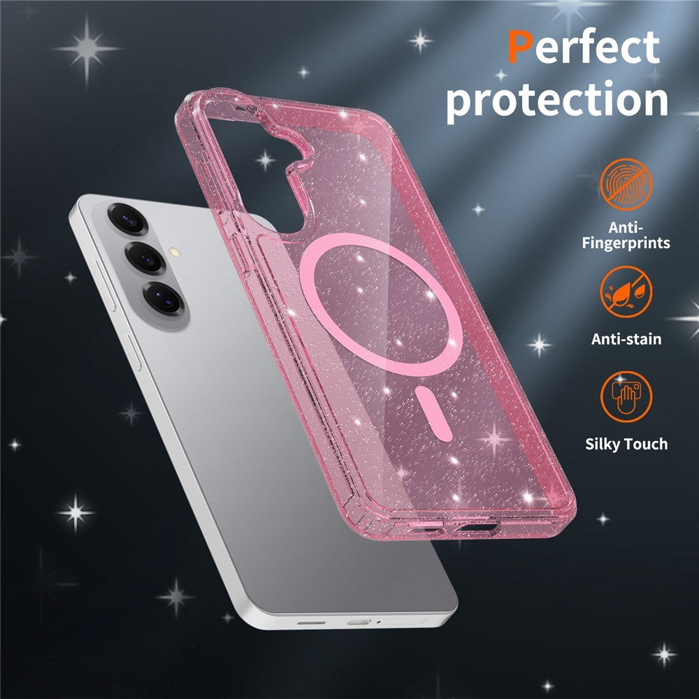 Samsung Galaxy S26+ (Plus) EIDERWOOD Magnetiskt Plast Glitter Skal m. Skärmskyddsglas – MagSafe Kompatibel – Genomskinlig / Rosa