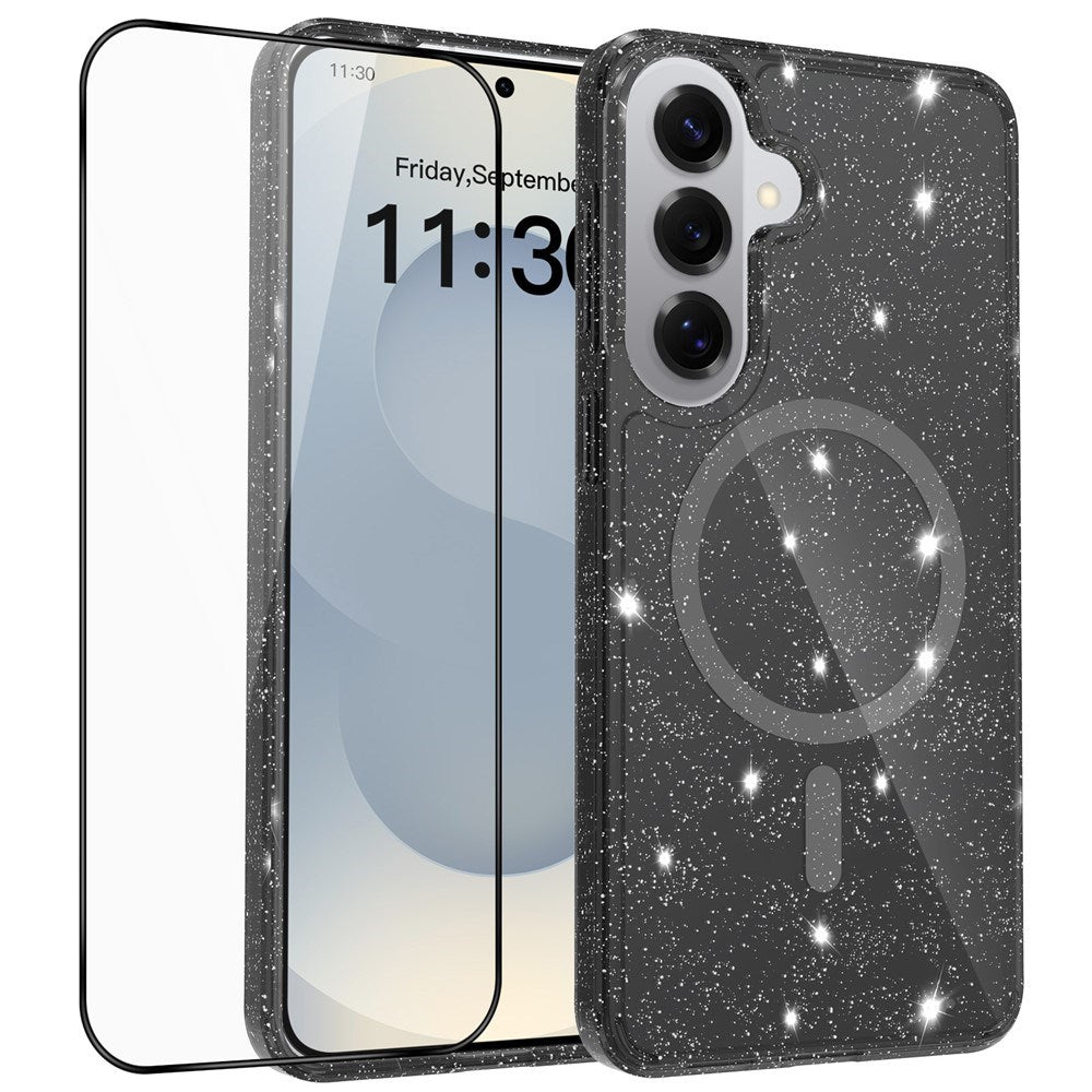 Samsung Galaxy S26+ (Plus) EIDERWOOD Magnetiskt Plast Glitter Skal m. Skärmskyddsglas – MagSafe Kompatibel – Genomskinlig / Svart