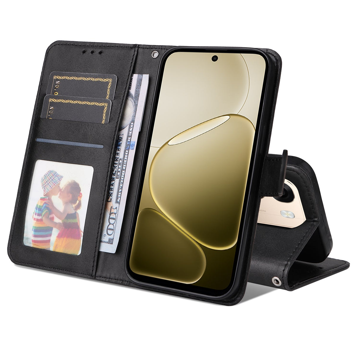 OPPO A6x EIDERWOOD Konstläder Fodral med Kortfack & Stativfunktion - Svart