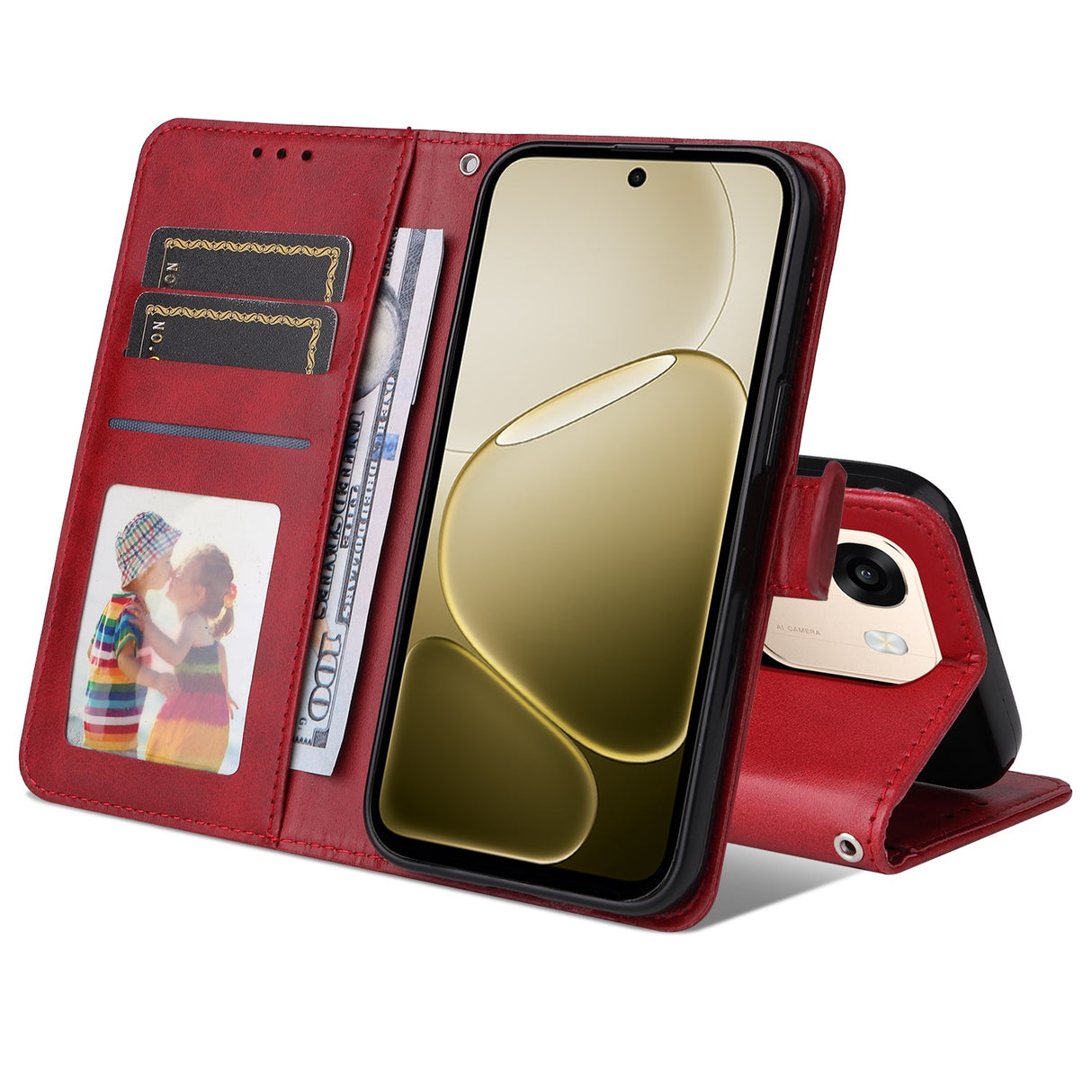 OPPO A6x EIDERWOOD Konstläder Fodral med Kortfack & Stativfunktion - Röd