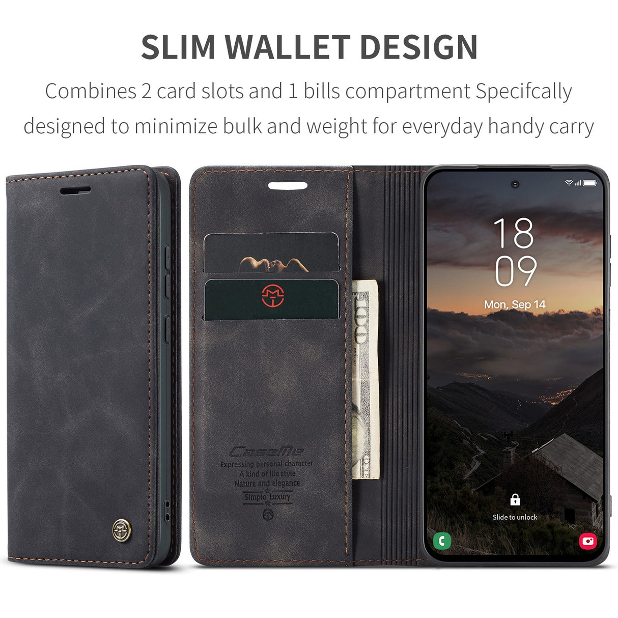 Samsung Galaxy S26 CASEME Konstläder Fodral m. Stativfunktion & Korthållare - Svart